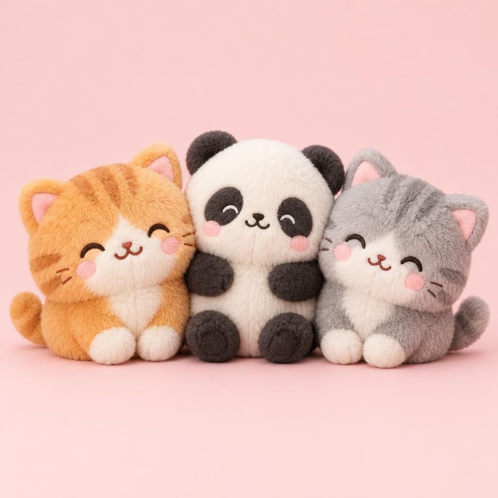 AI concept illustration of orange cat, grey kitten and panda plushies, not real products