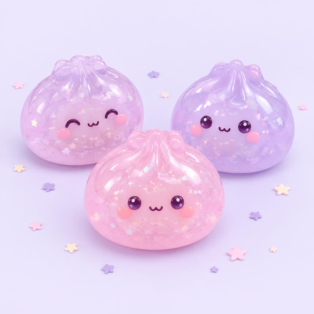 AI concept illustration of pink and lavender glitter dumplings, not a real product