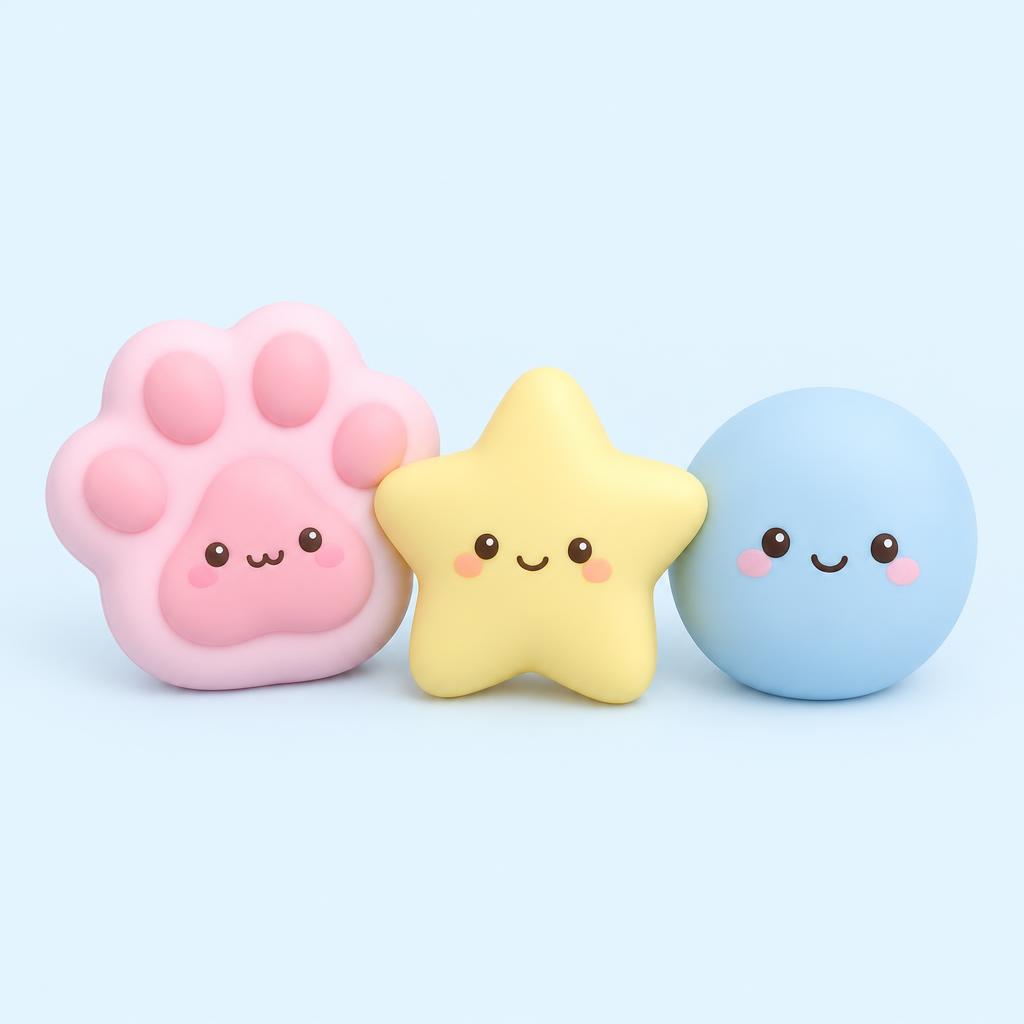 AI concept illustration of pastel paw, star and round squishies, not real products
